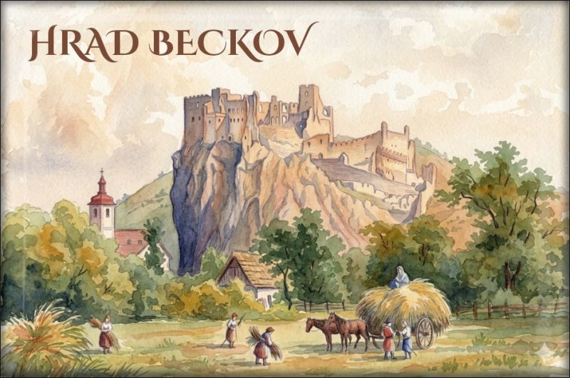 Beckov Castle I – watercolor after L. Rohbock - Resin fridge magnet