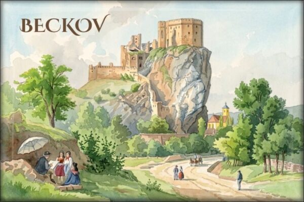 Beckov Castle II – watercolor after L. Rohbock - Resin fridge magnet