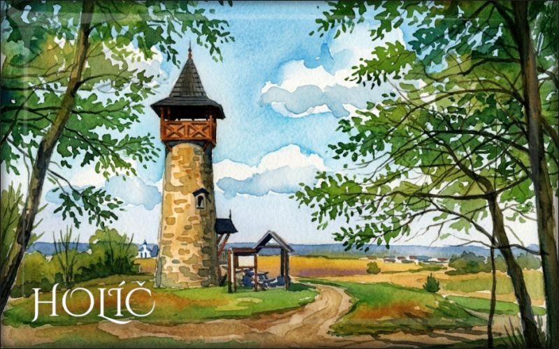 Holíč - Lookout Tower - Watercolor - Resin fridge magnet